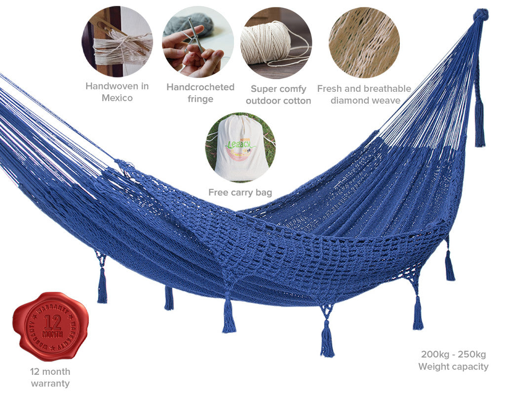 King Size Outdoor Cotton Mexican Hammock Blue