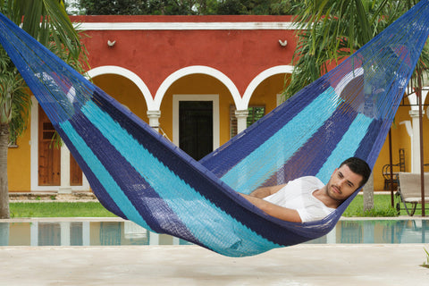 King Size Outdoor Cotton Mexican Hammock in Caribbean Blue Colour