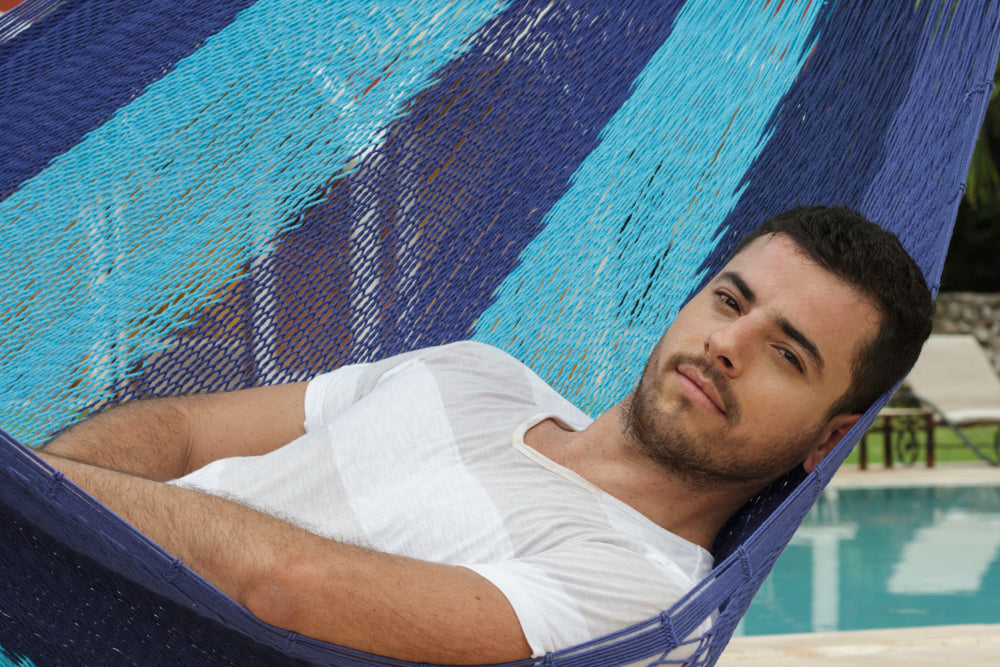 King Size Outdoor Cotton Mexican Hammock in Caribbean Blue Colour