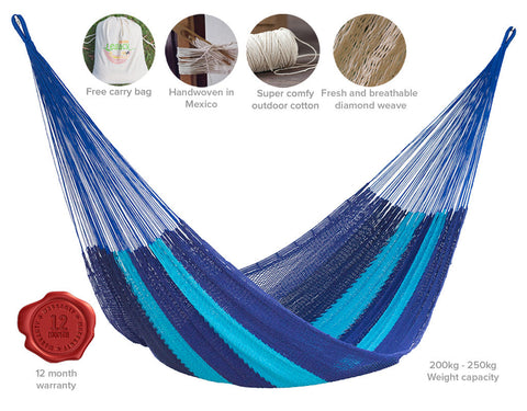 King Size Outdoor Cotton Mexican Hammock in Caribbean Blue Colour