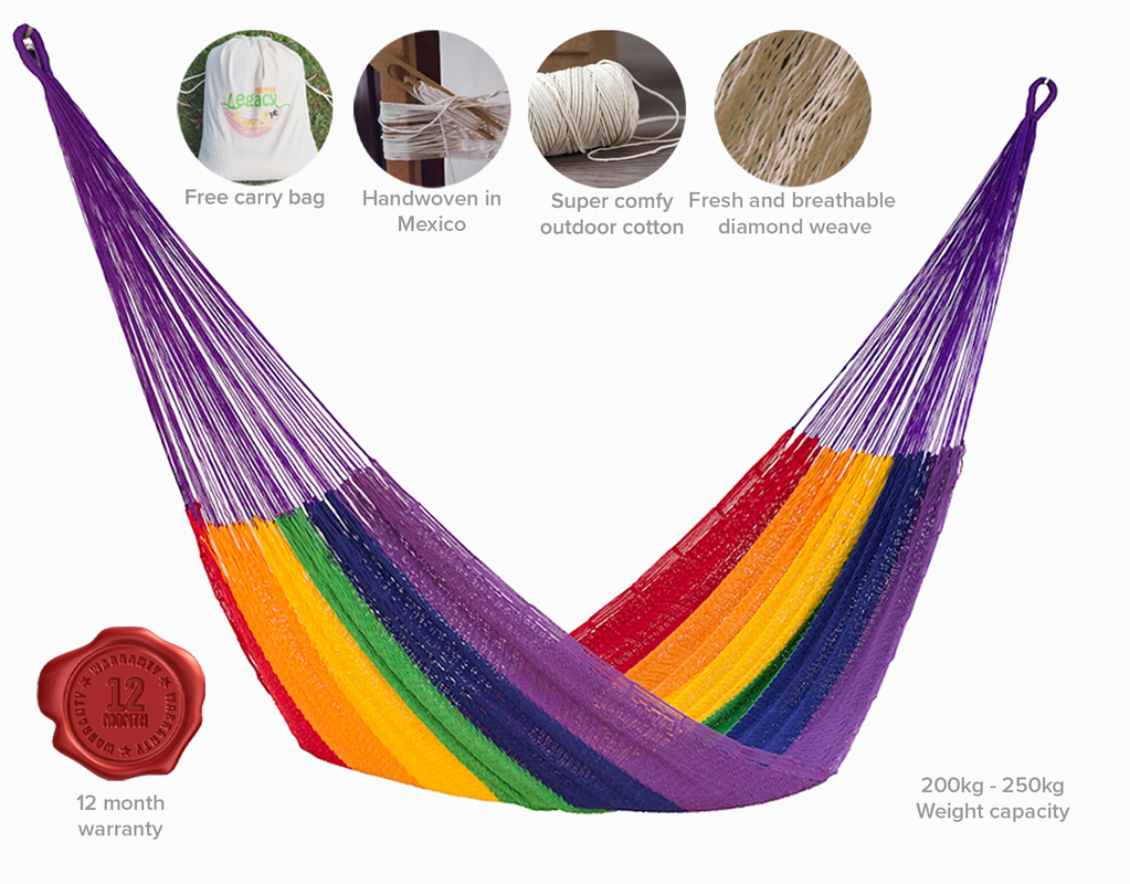 King Size Outdoor Cotton Mexican Hammock in Rainbow Colour