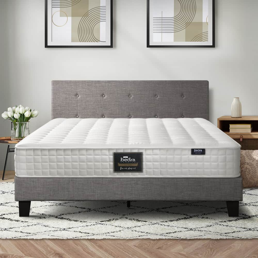 King Size Wooden Bed Frame Platform Base with Bonnell Spring Mattress Grey