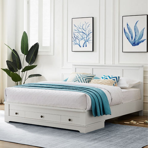 King-sized Coastal Bedframe with Storage Drawers for a Chic White Lifestyle