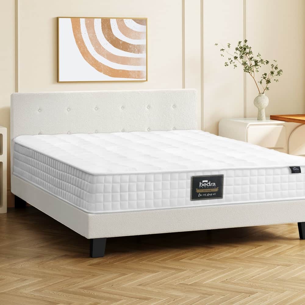 King Wooden Bed Frame Platform with Mattress White