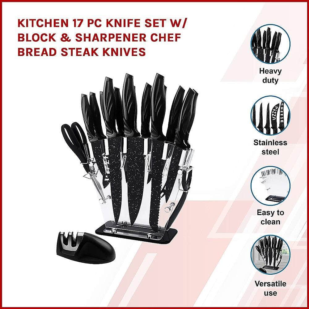 Kitchen 17 Pc Knife Set w/ Block & Sharpener