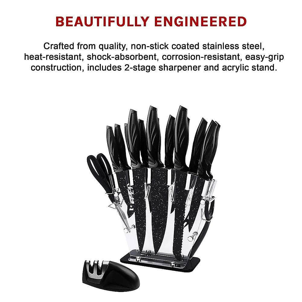 Kitchen 17 Pc Knife Set W/ Block & Sharpener Chef Bread Steak Knives