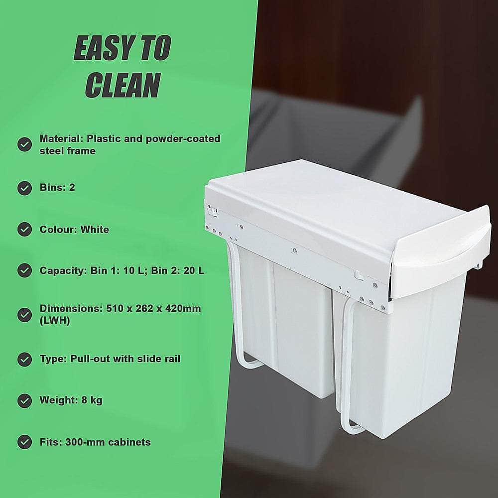 Kitchen Dual Slide Bin 10L+20L Garbage Rubbish Waste
