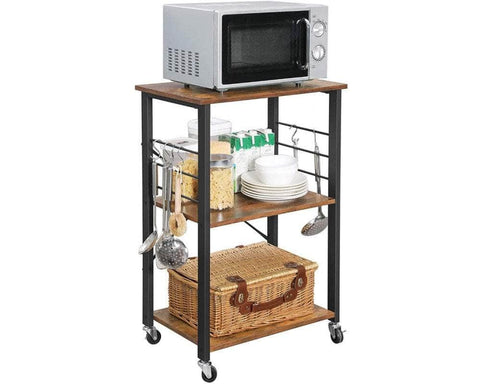 Kitchen Shelf on Wheels Serving Trolley with 3 Shelves Metal Frame with 6 Hook Rustic Brown KKS60XV1