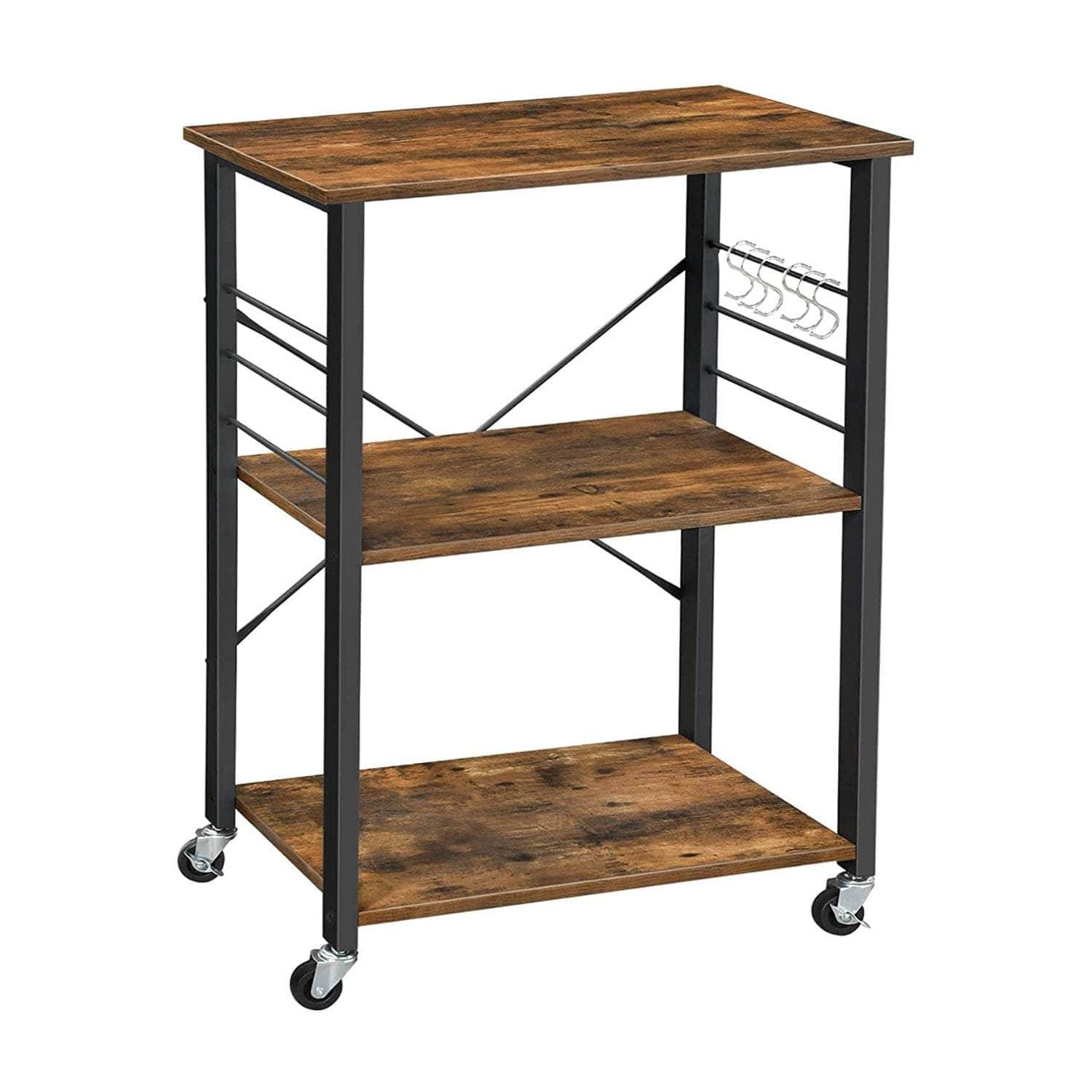 Kitchen Shelf on Wheels Serving Trolley with 3 Shelves Metal Frame with 6 Hook Rustic Brown KKS60XV1