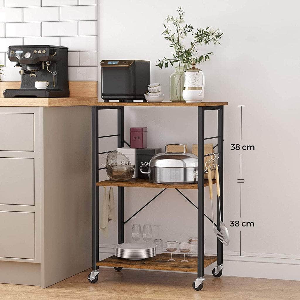 Kitchen Shelf on Wheels Serving Trolley with 3 Shelves Metal Frame with 6 Hook Rustic Brown KKS60XV1