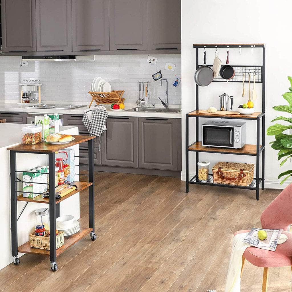 Kitchen Shelf on Wheels Serving Trolley with 3 Shelves Metal Frame with 6 Hook Rustic Brown KKS60XV1