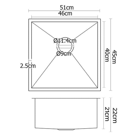 Kitchen Sink 51X45Cm Stainless Steel Basin Single Bowl Laundry Silver