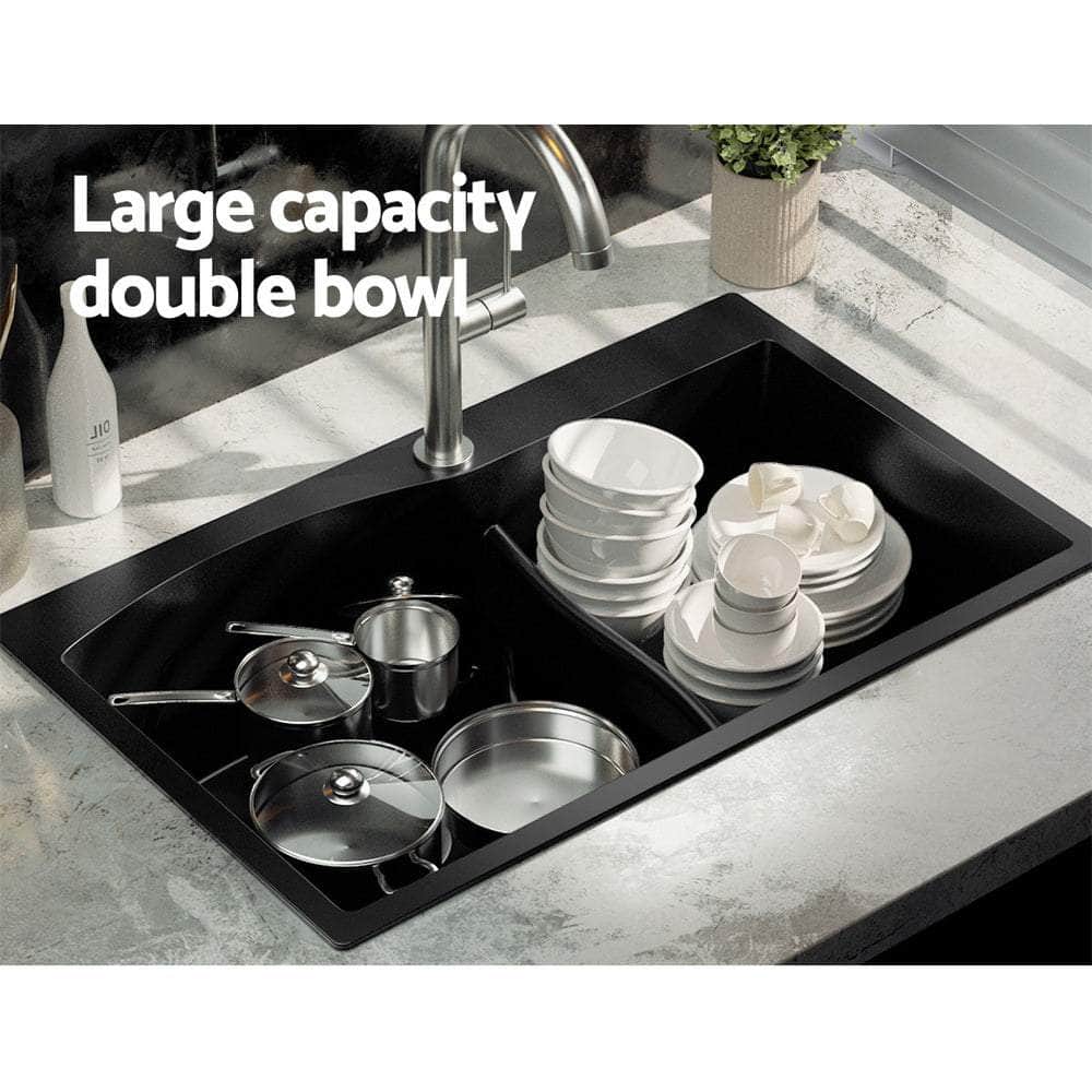 Kitchen Sink 76X47CM Granite Stone Basin Double Bowl Laundry Black