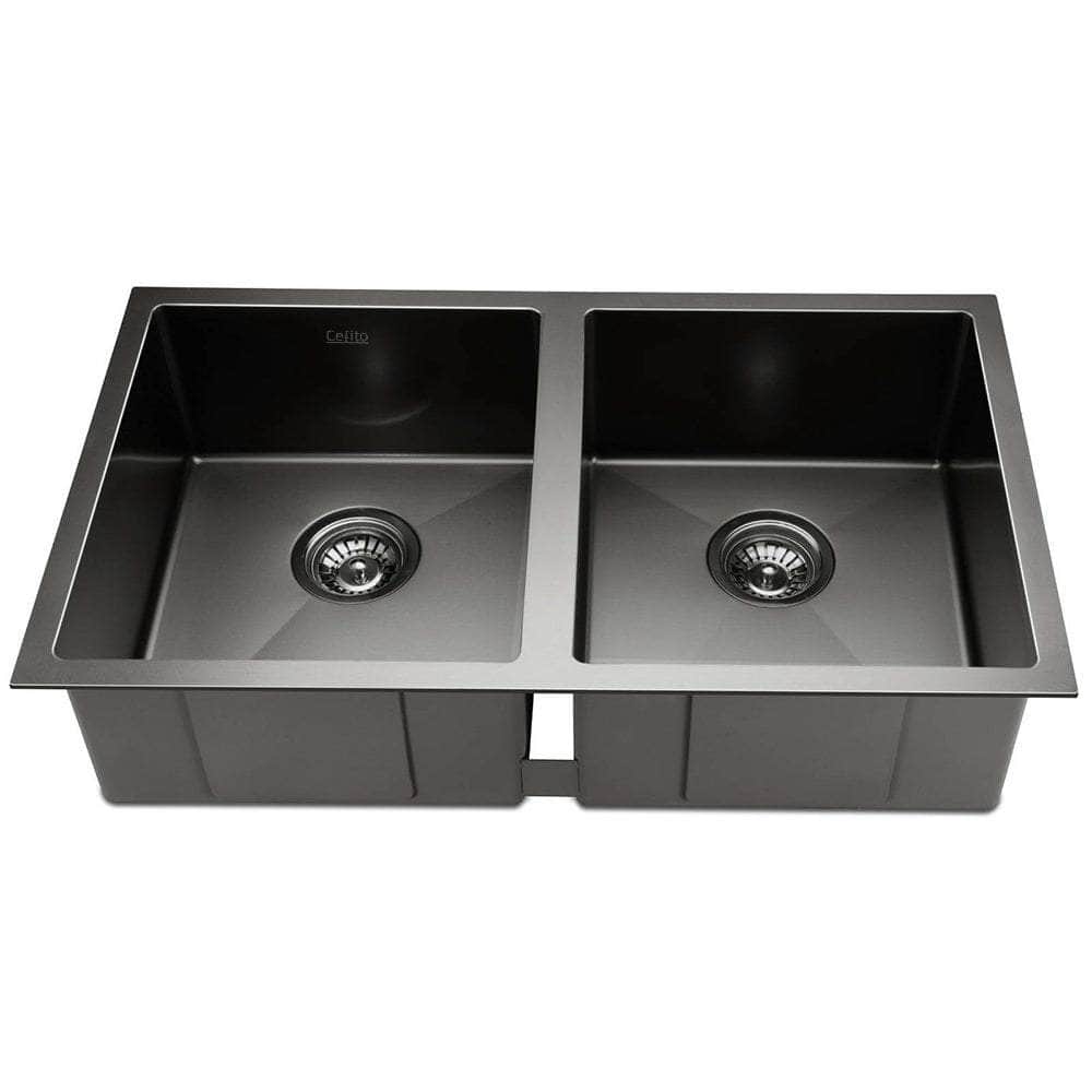 Kitchen Sink 77X45Cm Stainless Steel Basin Double Bowl Laundry Black