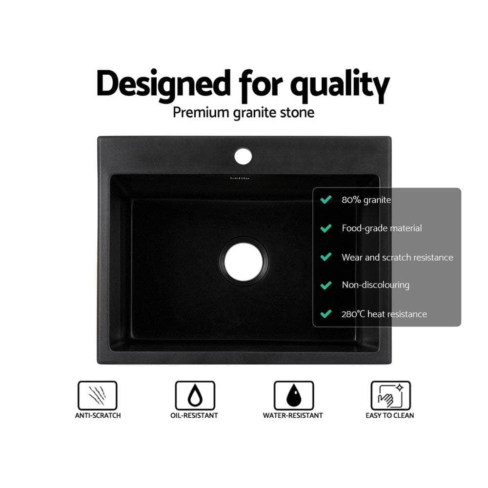 Kitchen Sink Granite Stone Sinks Basin Single Bowl Black 600Mmx470Mm