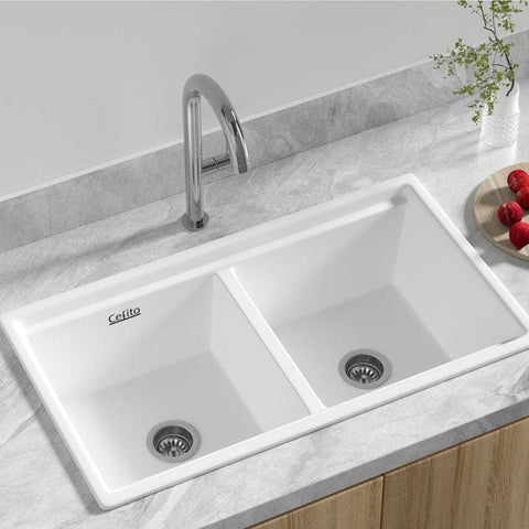 Kitchen Sink Stone Sink Granite Laundry Basin Double Bowl 79cmx46cm White