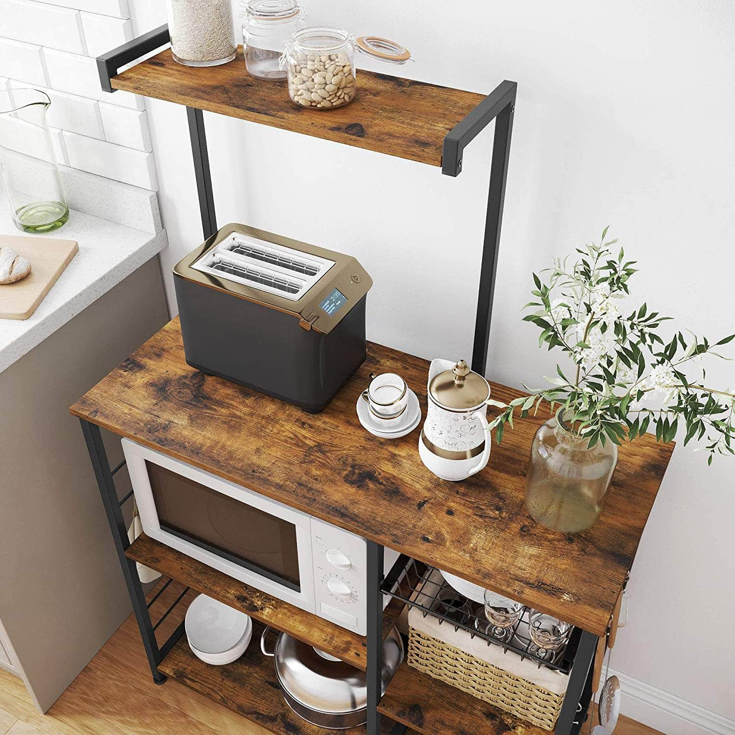 Kithcen Baker'S Rack With Shelves Microwave Stand Rustic Brown