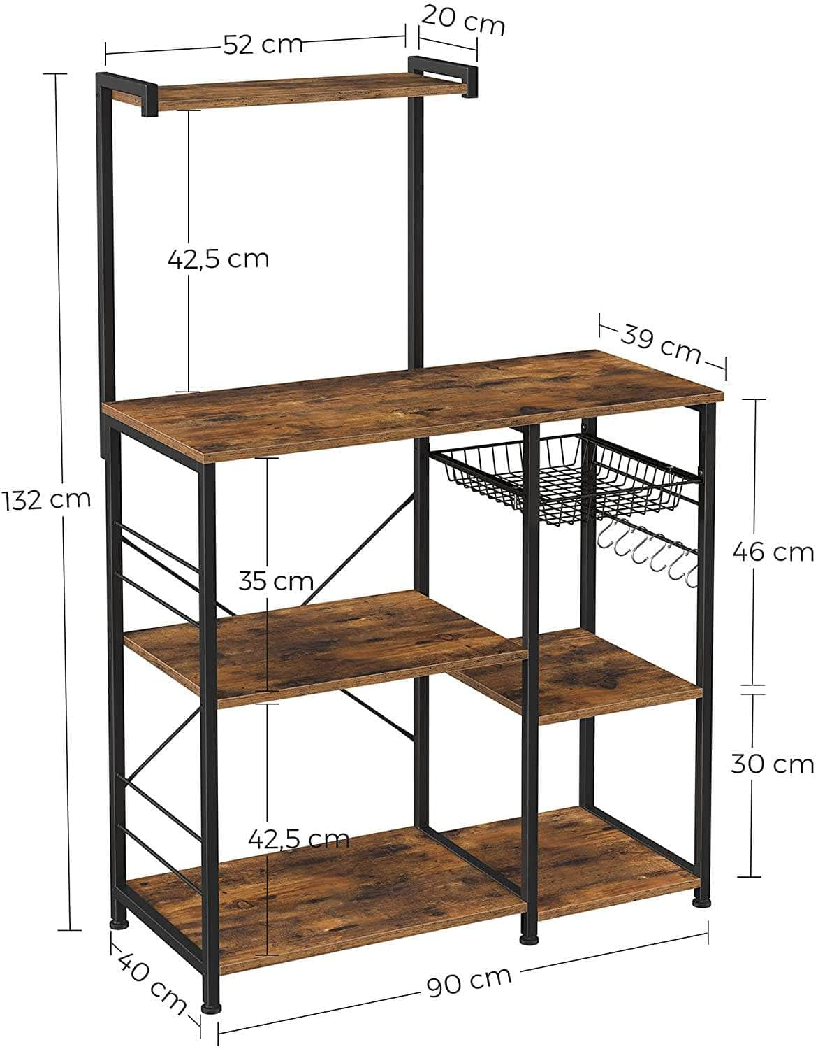 Kithcen Baker'S Rack With Shelves Microwave Stand Rustic Brown