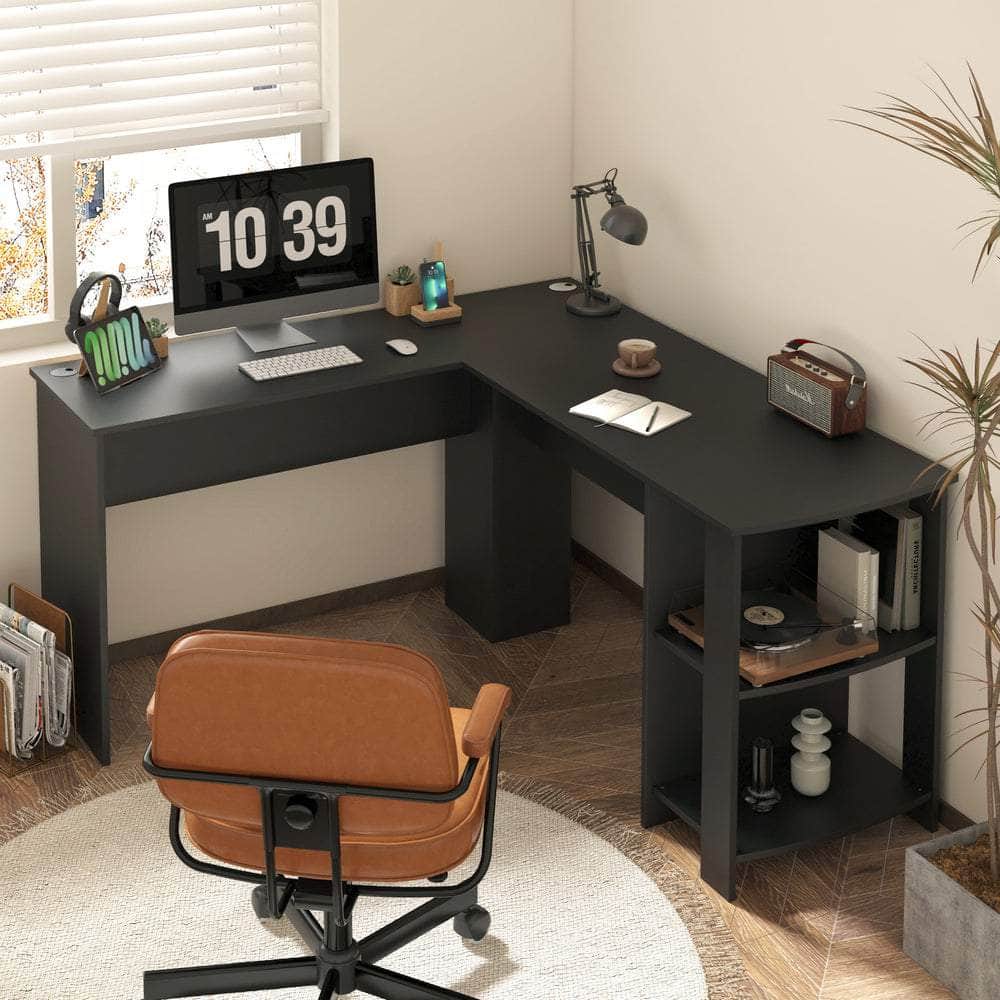 L-shape Computer Desk with Storage Shelves Black | Black colour