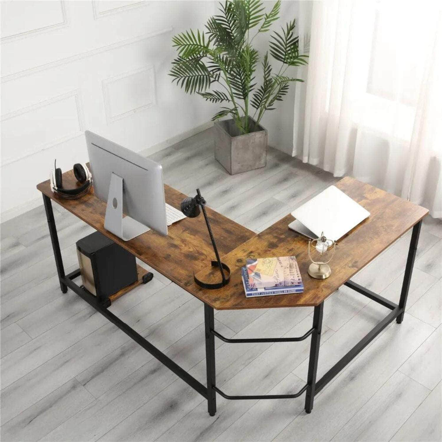 L-Shaped Corner Computer Desk With Cpu Stand Brown/Black