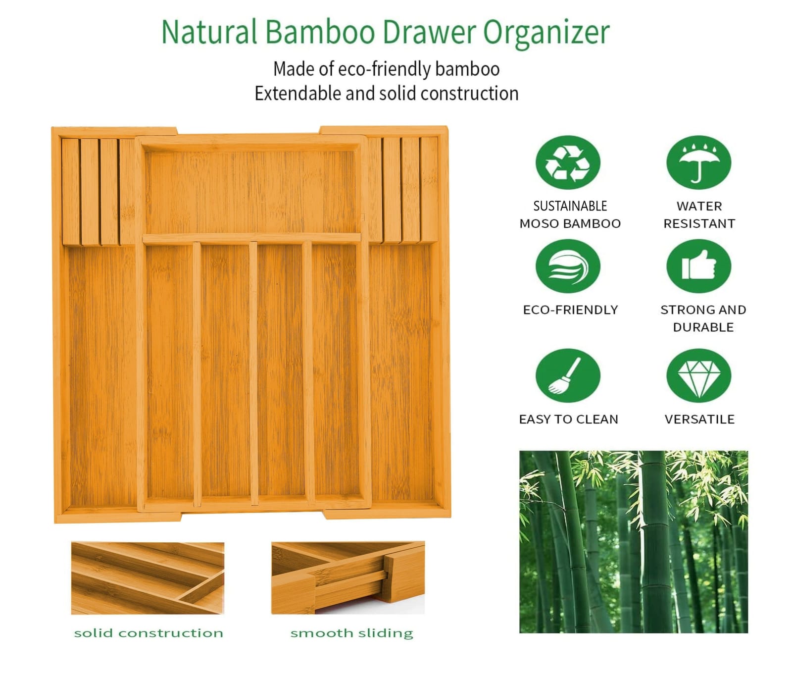 Large Capacity Bamboo Expandable Drawer Organizer With Knife Block, Kitchen Knives - photo 15