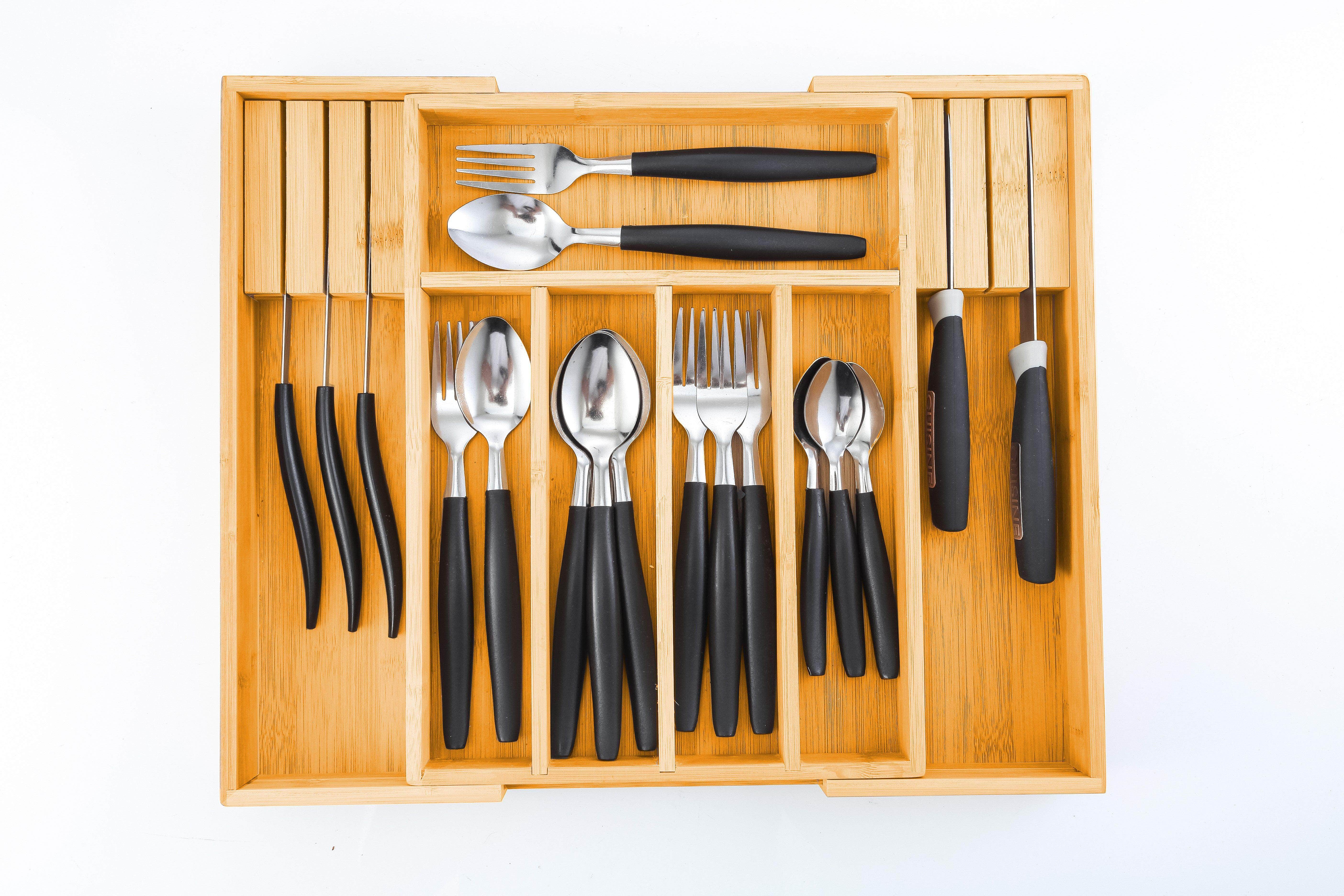 Large Capacity Bamboo Expandable Drawer Organizer with Knife Block Holder