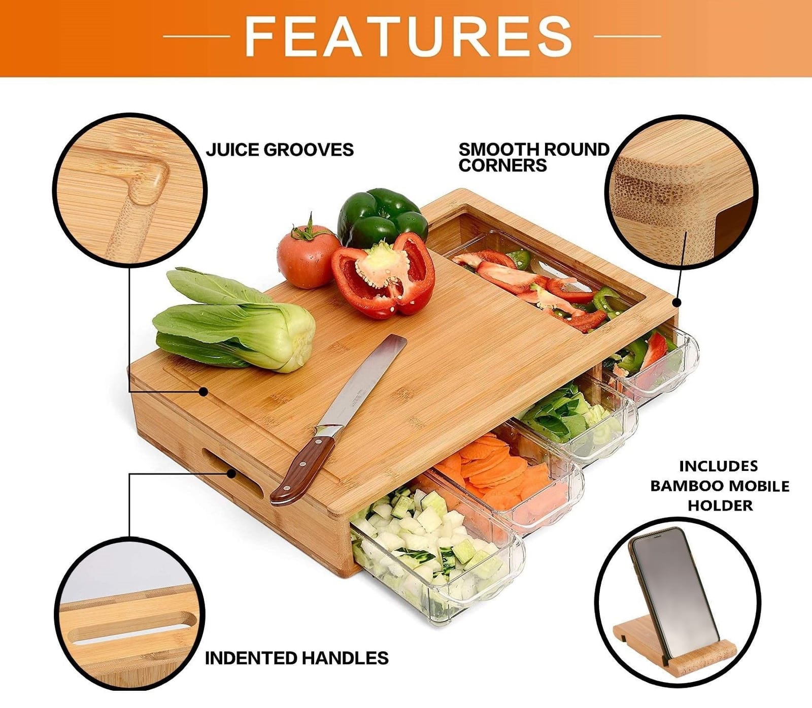 Large Cutting Board and 4 Containers with Mobile Holder gift included, Kitchen Utensils - photo 12