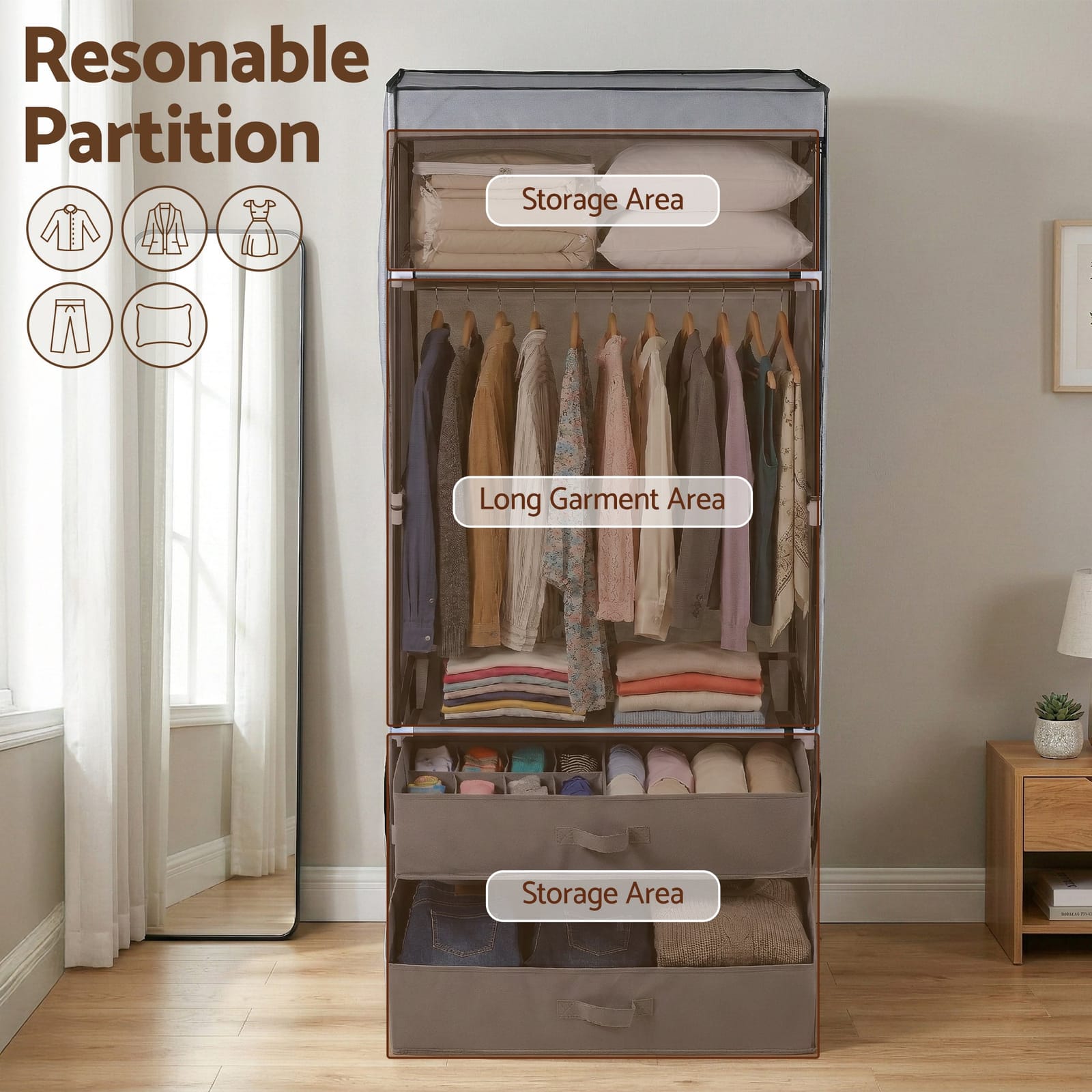Large Grey Portable Wardrobe with Hanging Rods Drawers and Shoe Storage