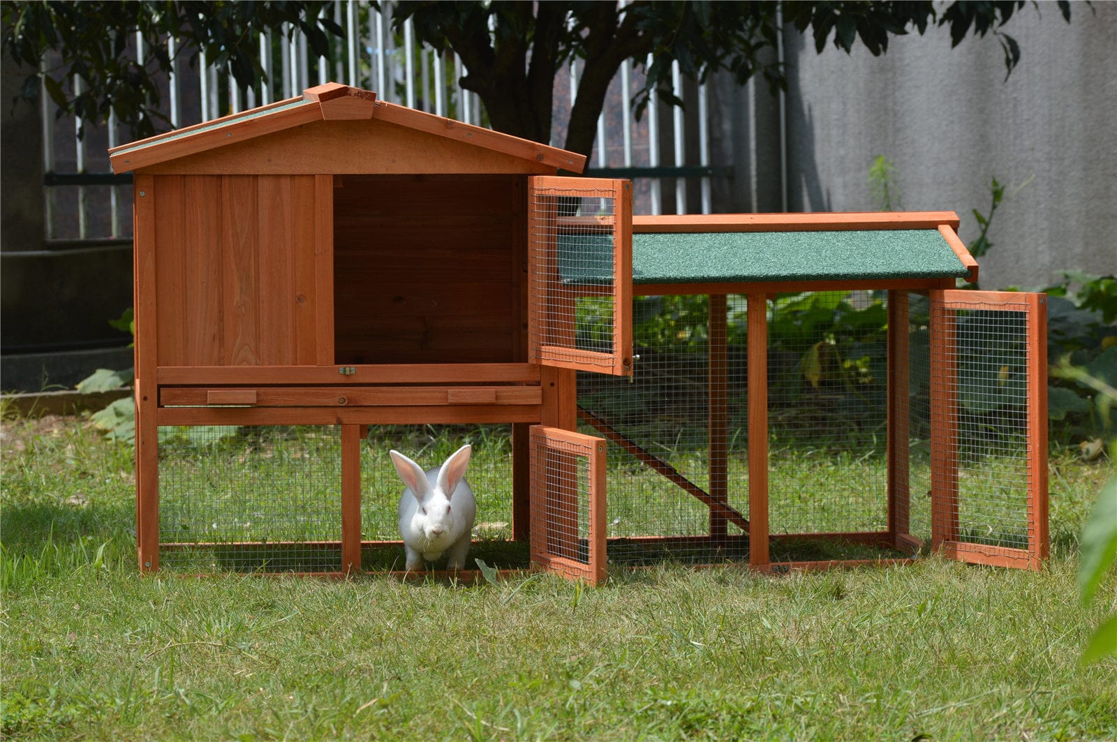 Large Wooden Rabbit Hutch with Metal Run and Guinea Pig Cage - 146cm, Wooden finish