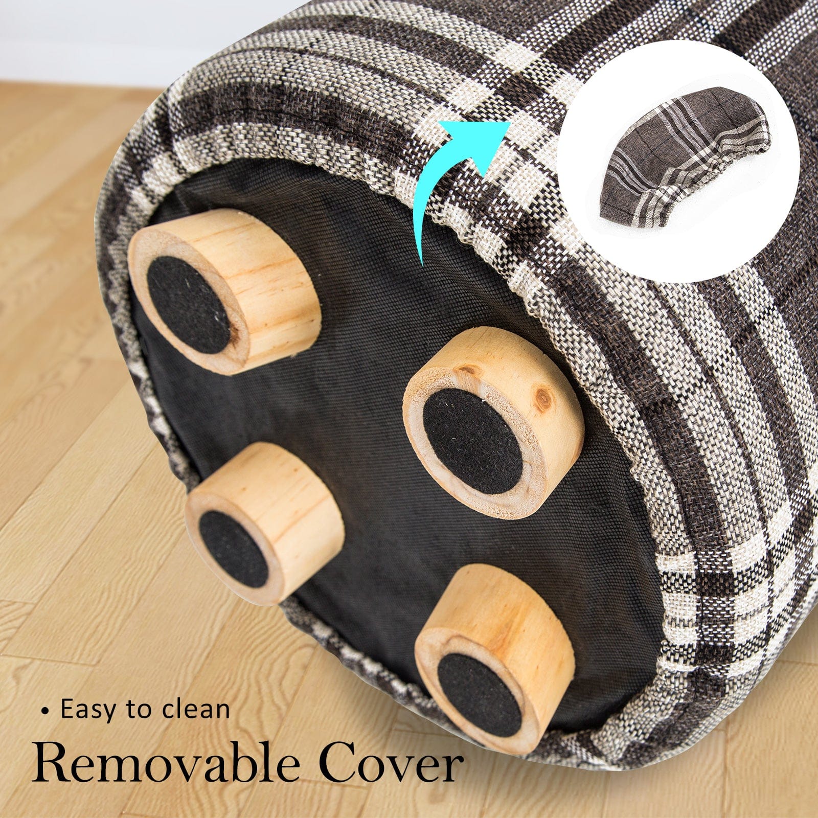 Fabric Ottoman Round Wooden Leg Foot Stool - LATTICE, Fabric finish