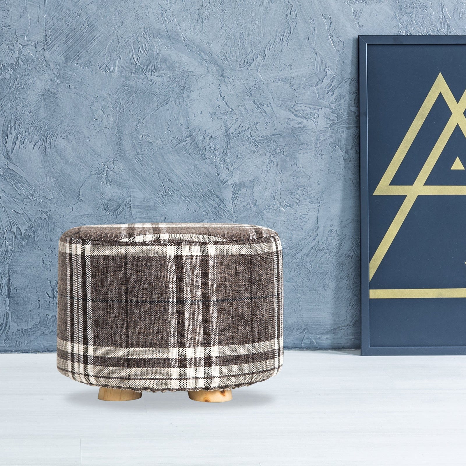 Fabric Ottoman Round Wooden Leg Foot Stool - LATTICE - Fabric finish
