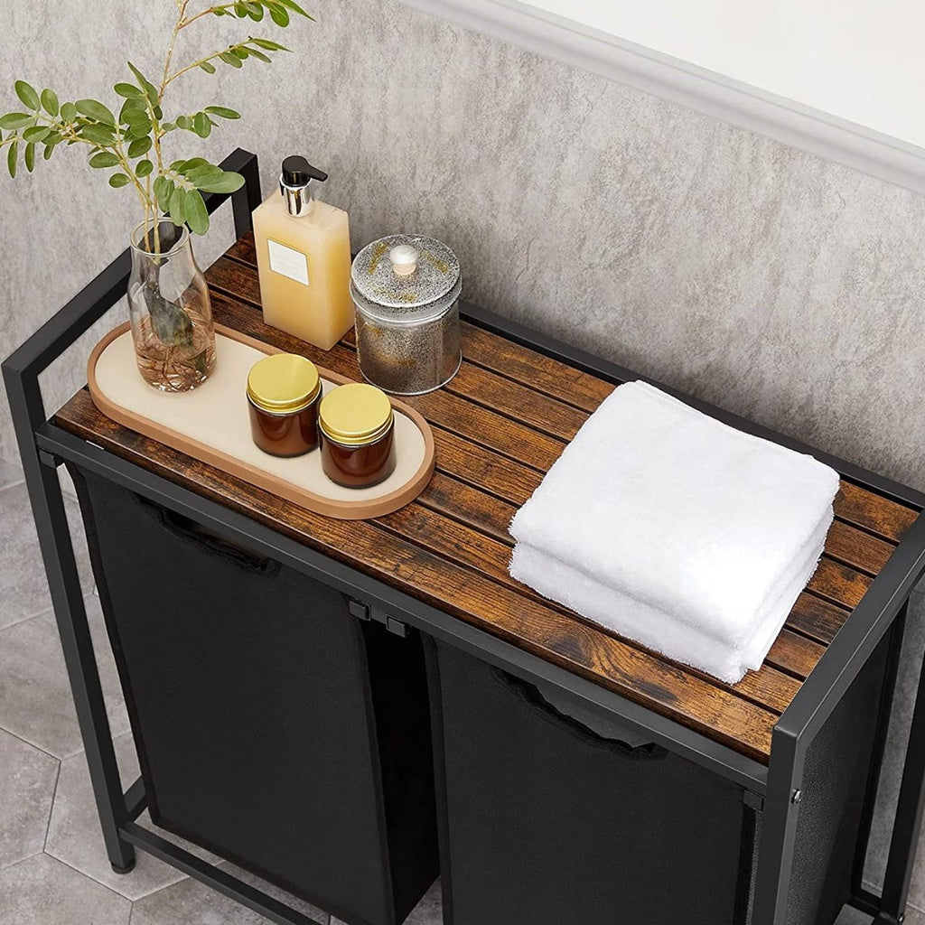 Laundry Basket with Shelf and Pull-Out Bags Rustic Brown and Black