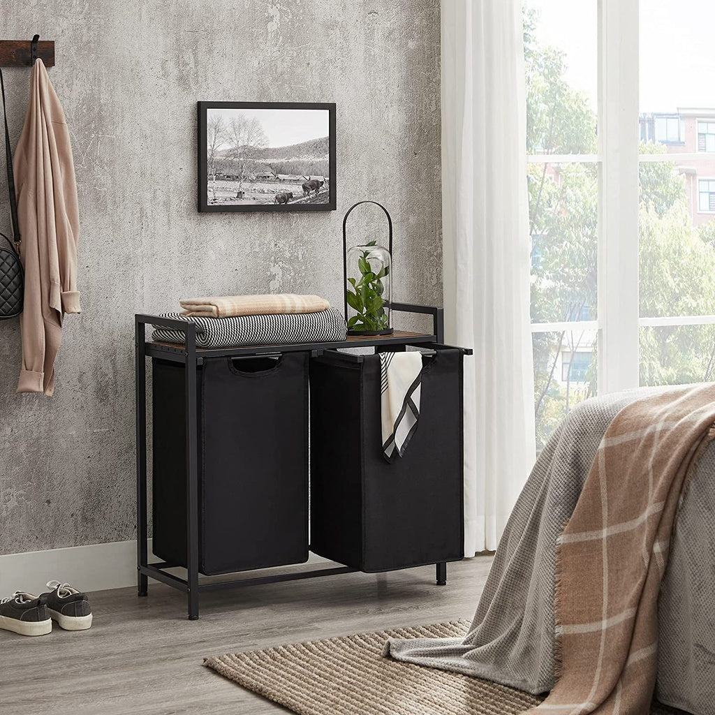 Laundry Basket with Shelf and Pull-Out Bags Rustic Brown and Black