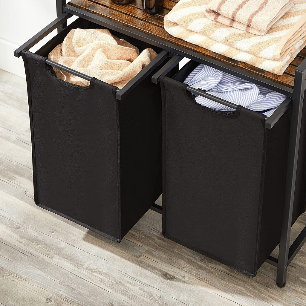 Laundry Basket with Shelf and Pull-Out Bags Rustic Brown and Black