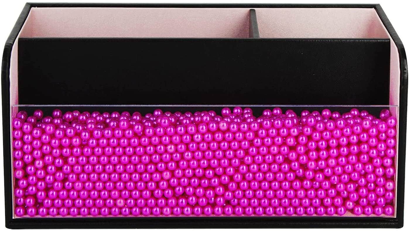 Leather Makeup Brush Organizer With Acrylic Cover And Pink Pearls (Black)