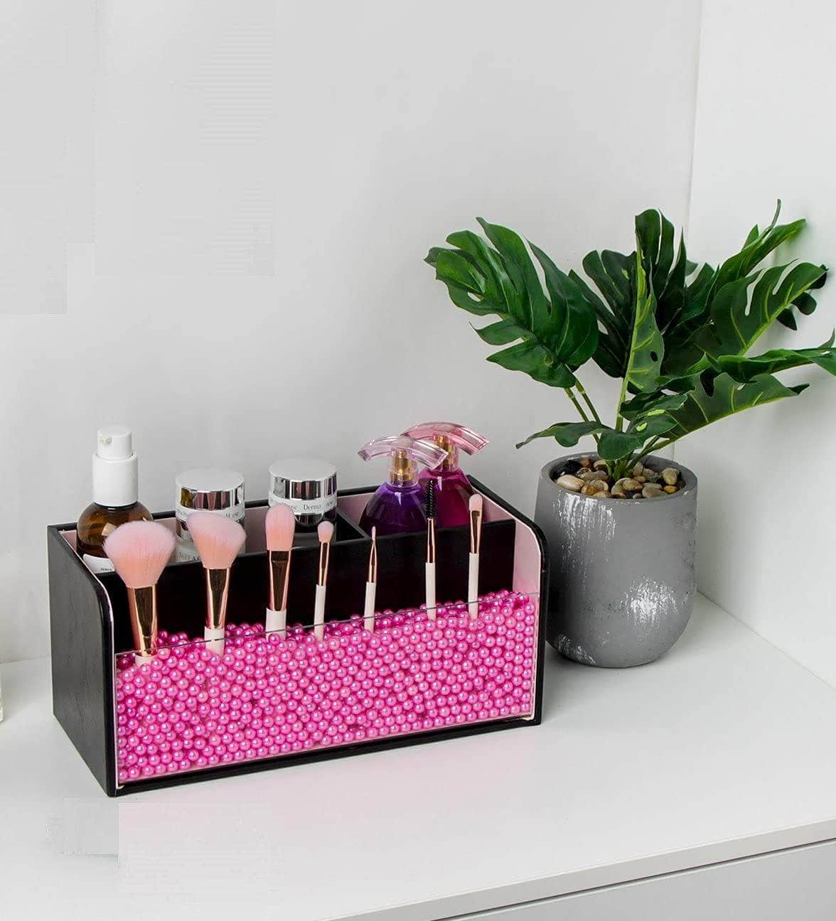 Leather Makeup Brush Organizer With Acrylic Cover And Pink Pearls (Black)