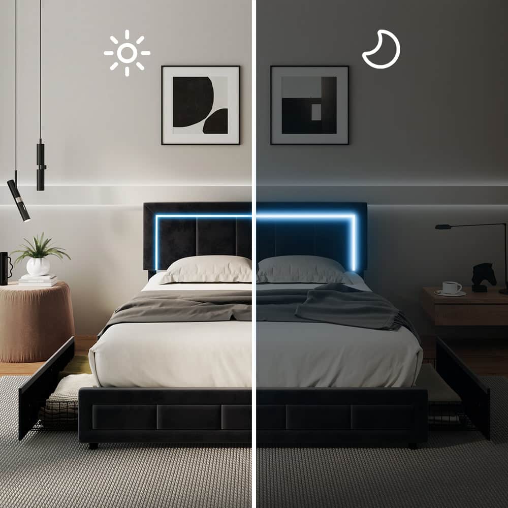 LED Bed Frame Queen Size 4 Drawers Adjustable Headboard Beige/Velvet/Black