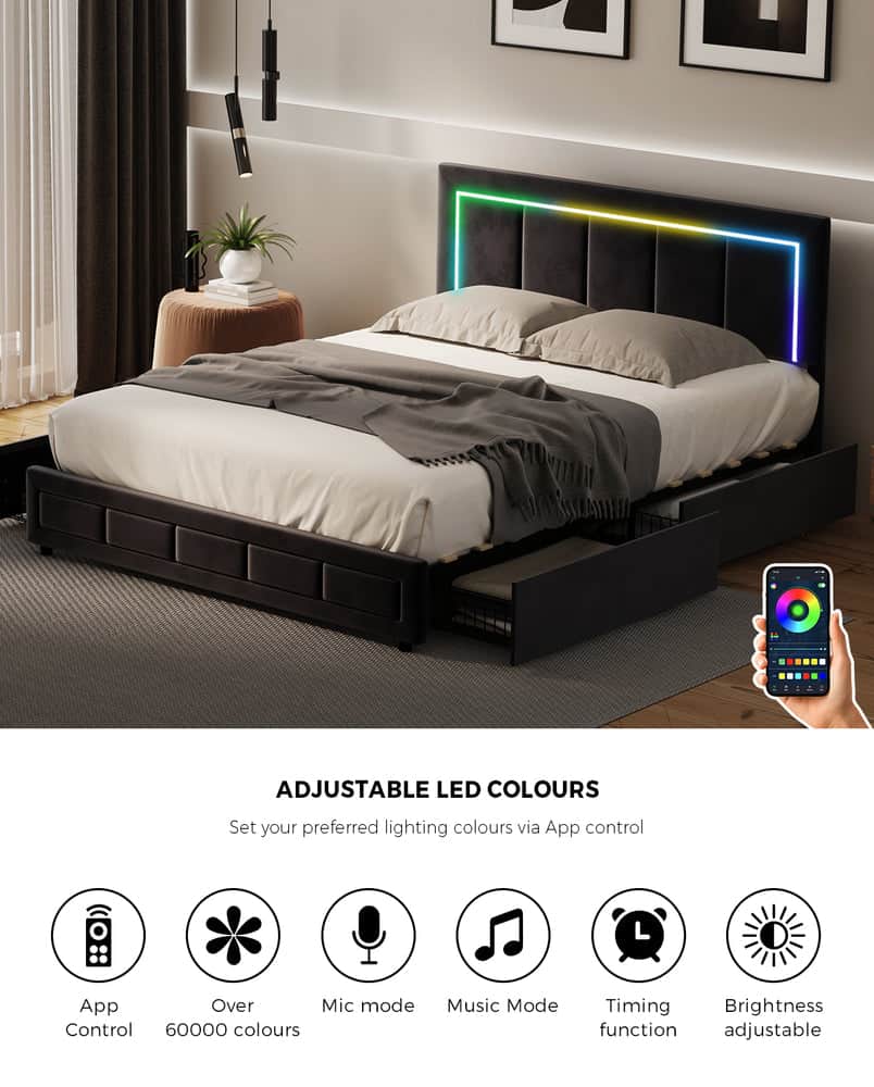 LED Bed Frame Queen Size 4 Drawers Adjustable Headboard Beige/Velvet/Black