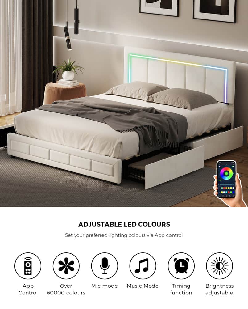 LED Bed Frame Queen Size 4 Drawers Adjustable Headboard Beige/Velvet/Black