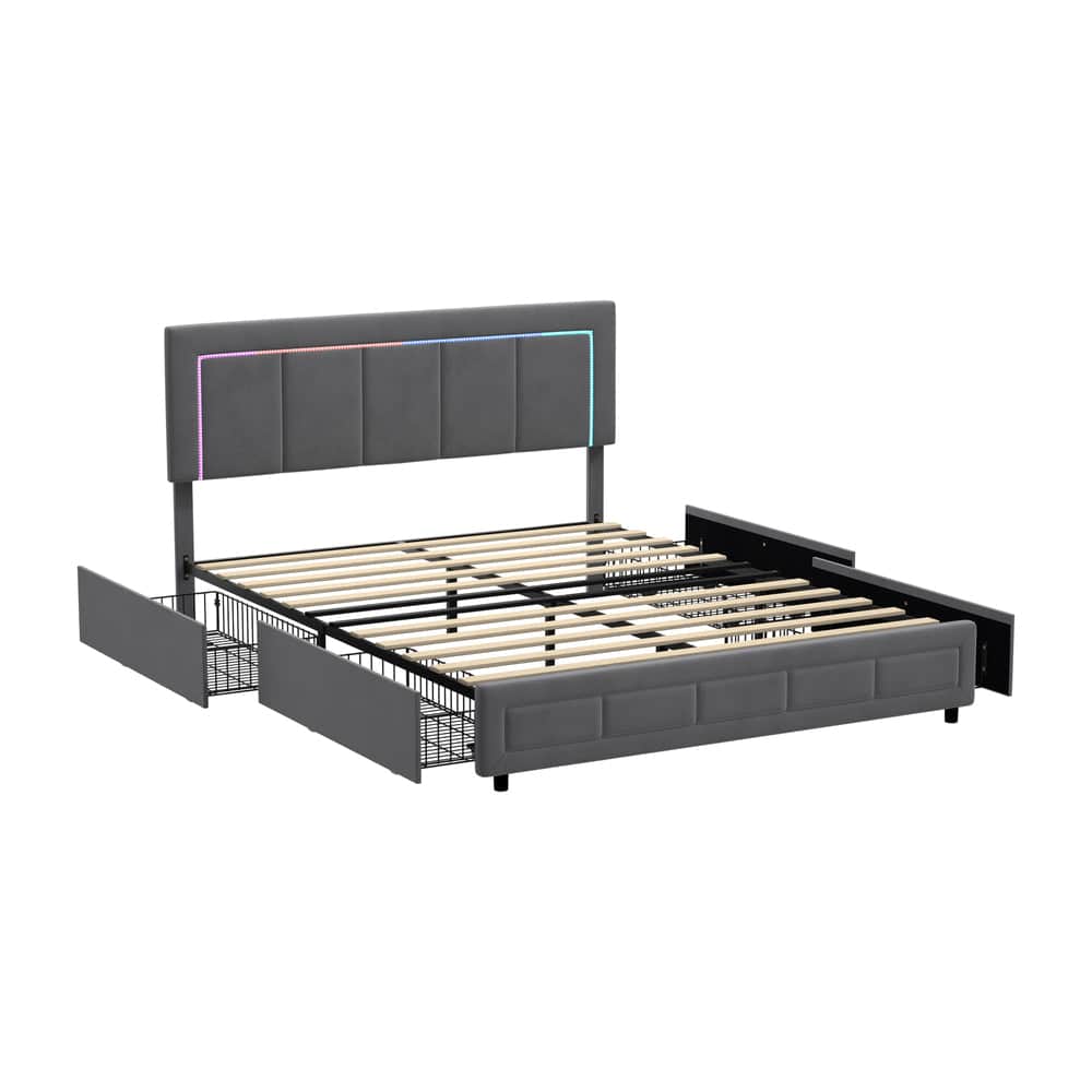 LED Bed Frame Queen Size 4 Drawers Adjustable Headboard Beige/Velvet/Black