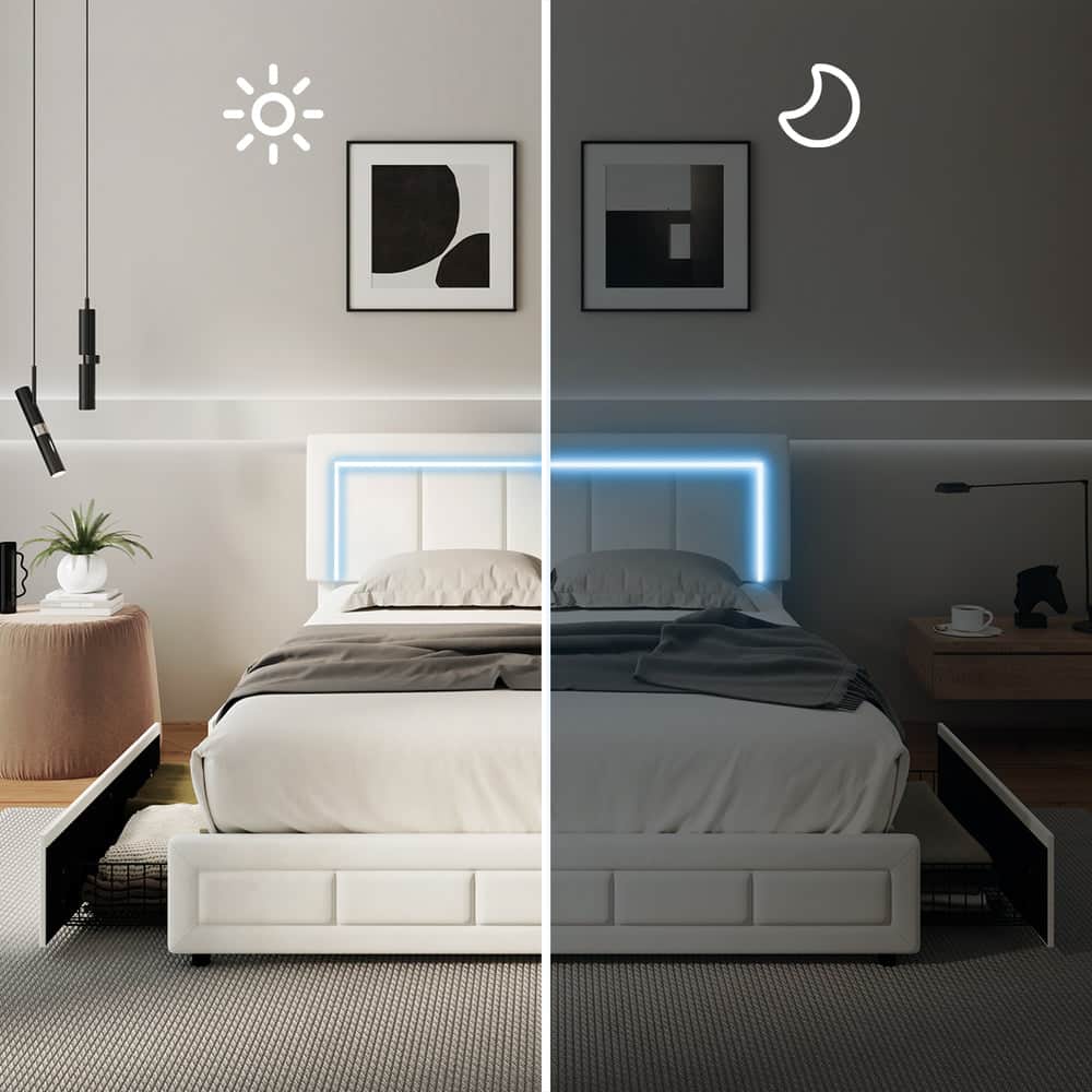 LED Bed Frame Queen Size 4 Drawers Adjustable Headboard Beige/Velvet/Black