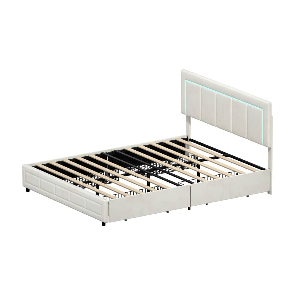 LED Bed Frame Queen Size 4 Drawers Adjustable Headboard Beige/Velvet/Black
