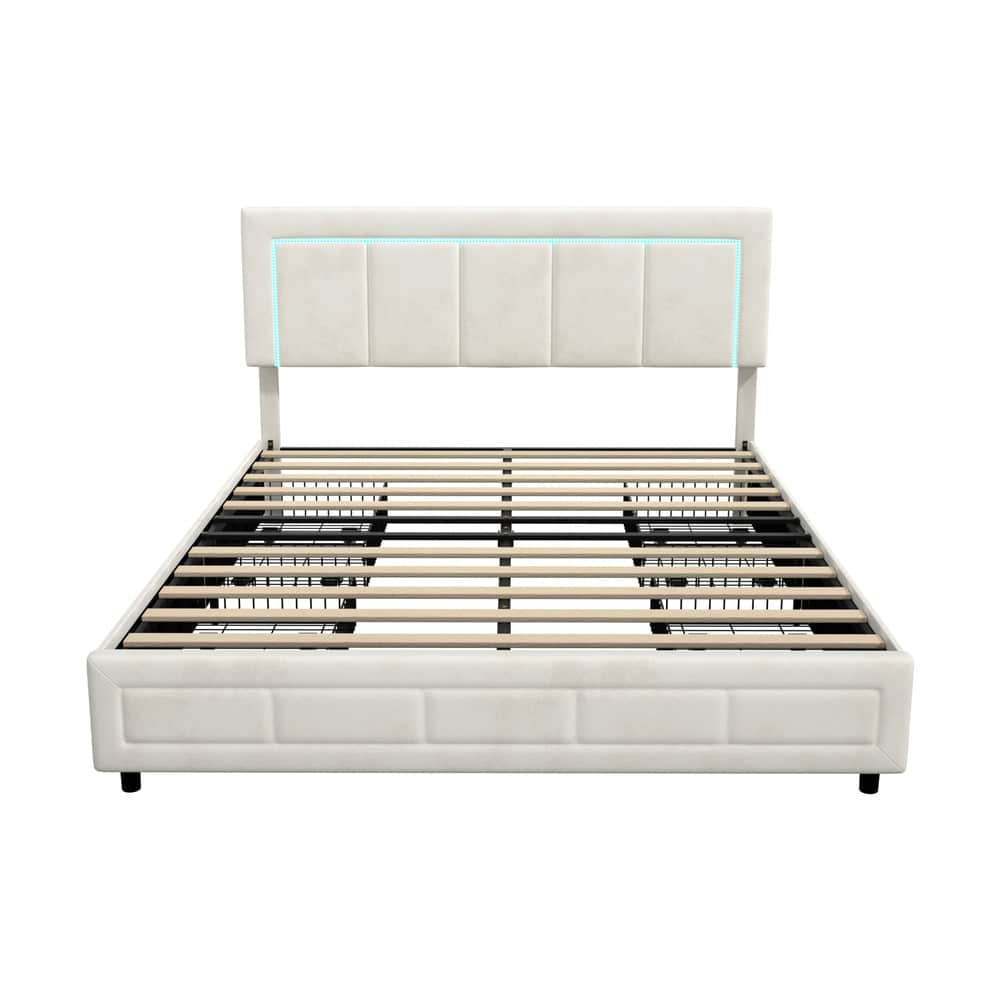 LED Bed Frame Queen Size 4 Drawers Adjustable Headboard Beige/Velvet/Black