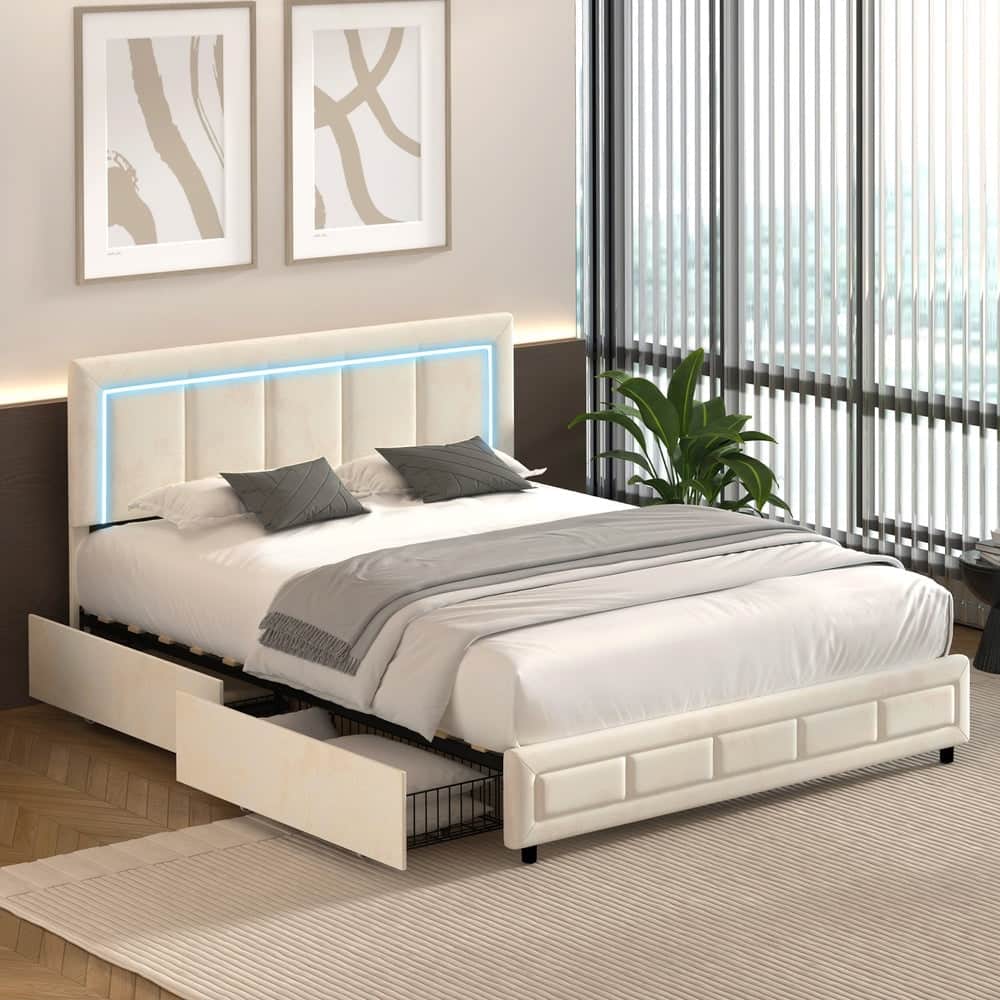LED Bed Frame Queen Size 4 Drawers Adjustable Headboard Beige/Velvet/Black