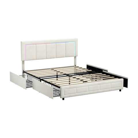 LED Bed Frame Queen Size 4 Drawers Adjustable Headboard Beige/Velvet/Black