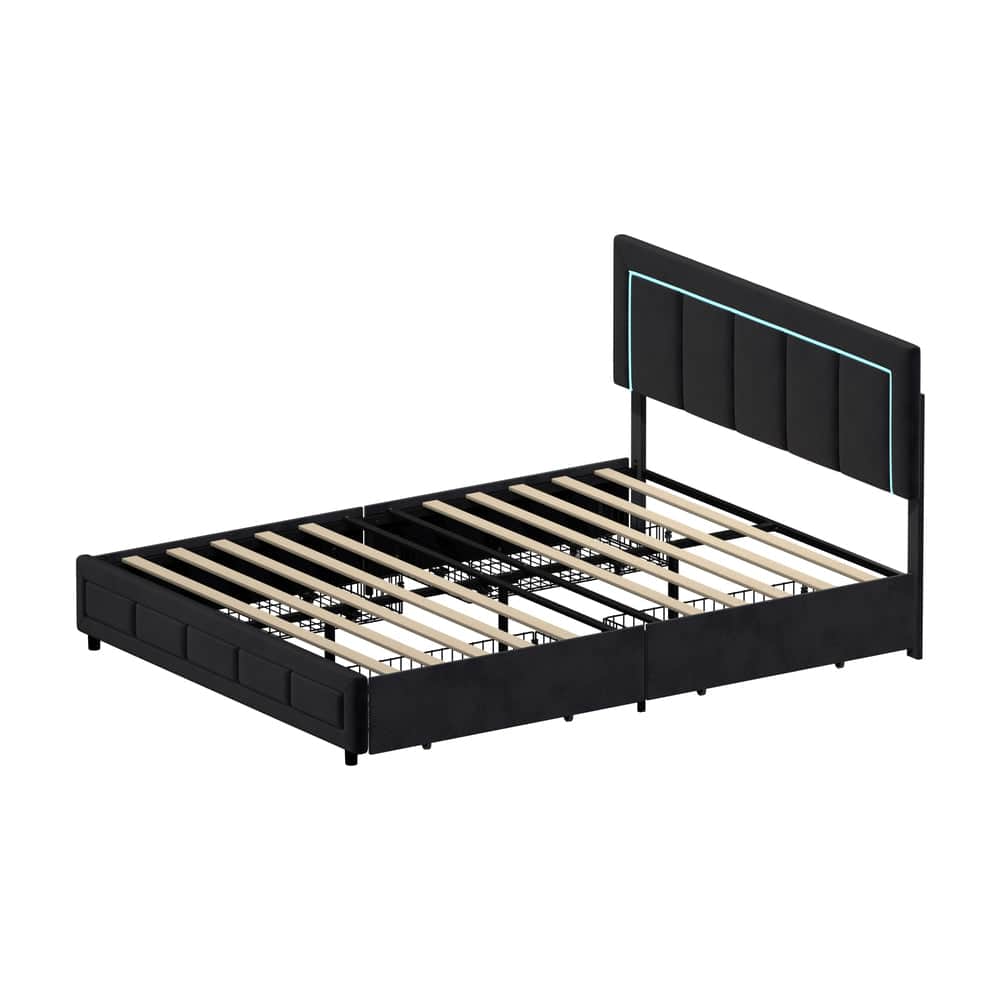 LED Bed Frame Queen Size 4 Drawers Adjustable Headboard Beige/Velvet/Black