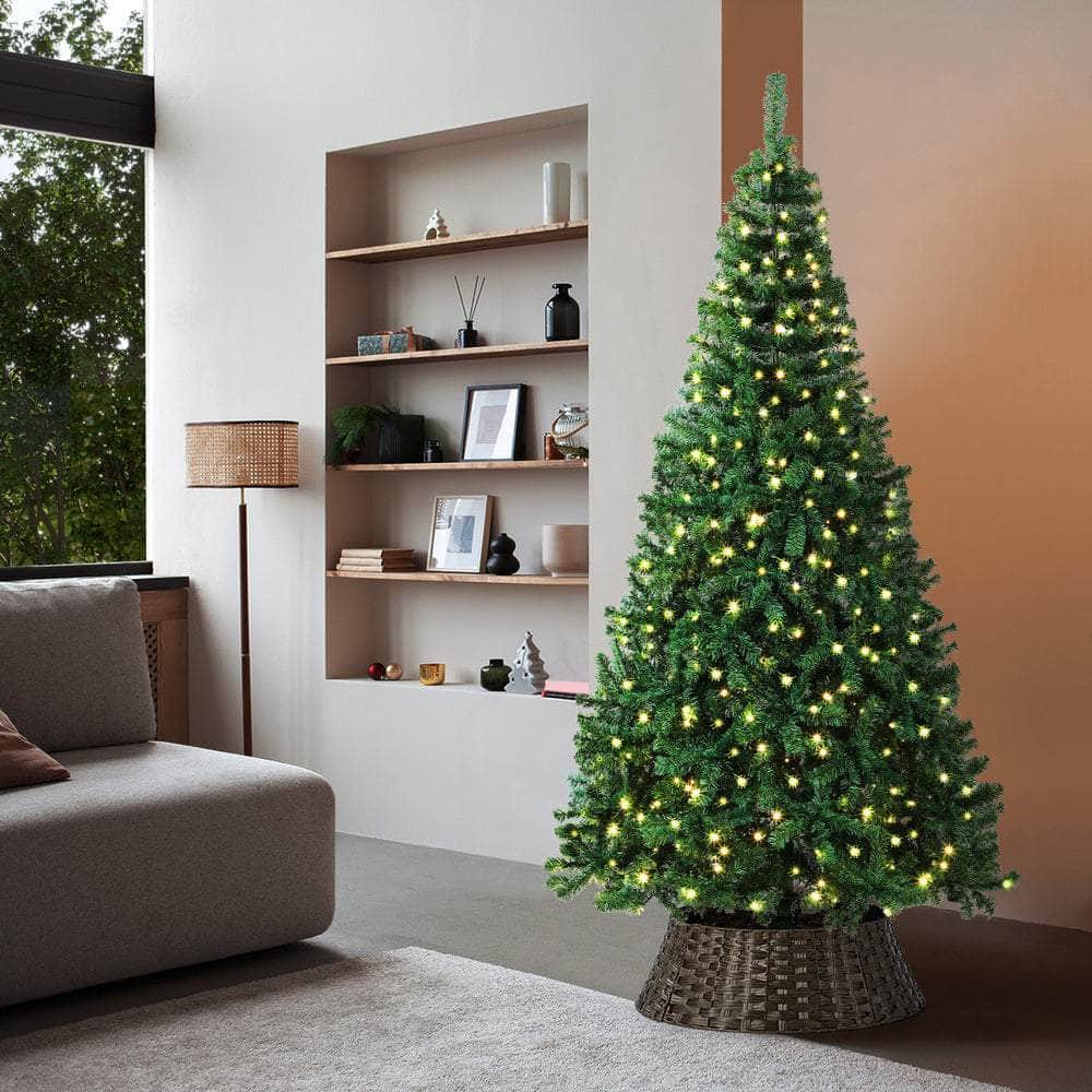 LED Christmas Tree 1.8M 6FT 7FT & 8FT with Rattan Skirt Warm Light Green Xmas Decor