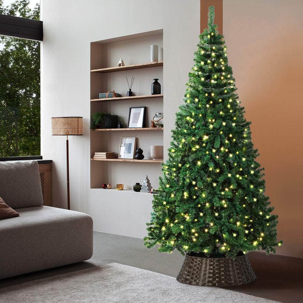 LED Christmas Tree 1.8M 6FT 7FT & 8FT with Rattan Skirt Warm Light Green Xmas Decor