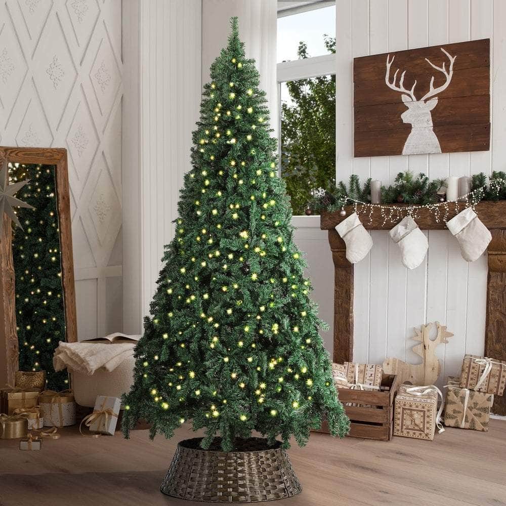 LED Christmas Tree 1.8M 6FT 7FT & 8FT with Rattan Skirt Warm Light Green Xmas Decor