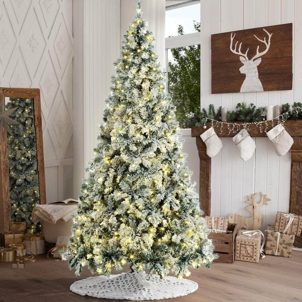LED Christmas Tree 2.1M 7FT & 8FT Snow-Frosted Green with Tree Skirt Xmas Decor